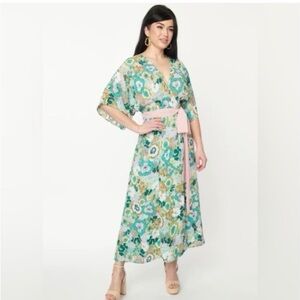 Unique Vintage Floral Maxi Dress with Pink Belt